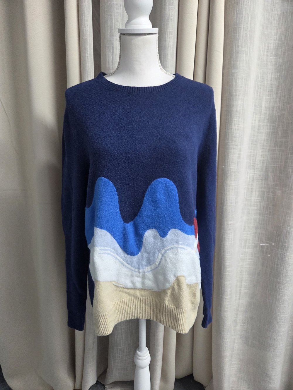 Hawker Rye Men's Navy Wave-Panel Crewneck Sweater Intarsia Kayak Cotton Blend